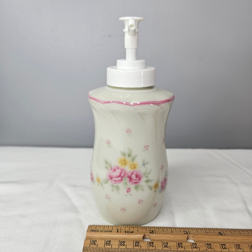 Vintage Japan Porcelain Floral Soap Lotion Dispenser Pink Roses Scalloped Cream